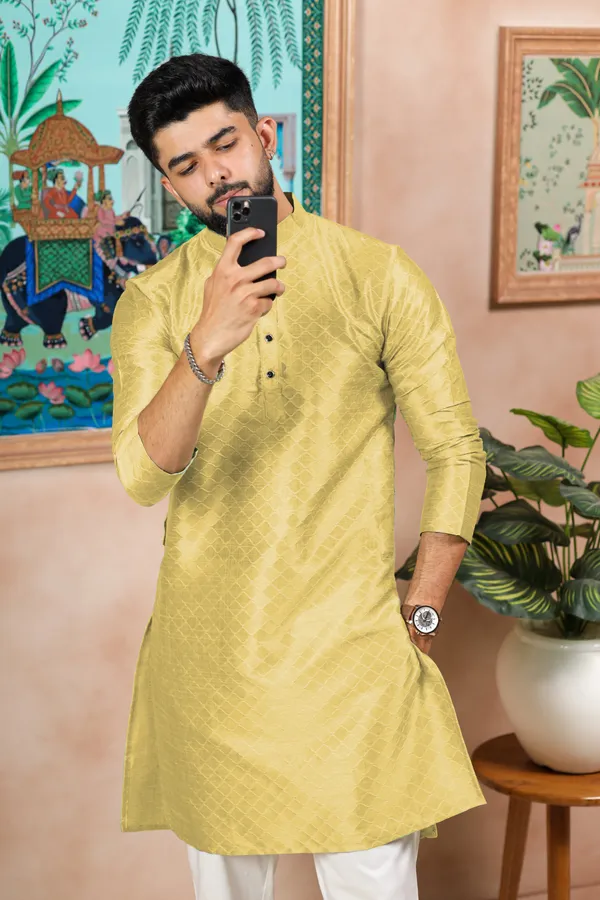 Light_Yellow_Silk_Jacquard_Woven_Texture_Kurta