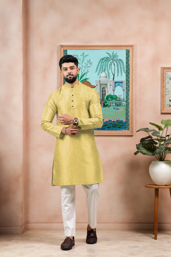 Light_Yellow_Silk_Jacquard_Woven_Texture_Kurta