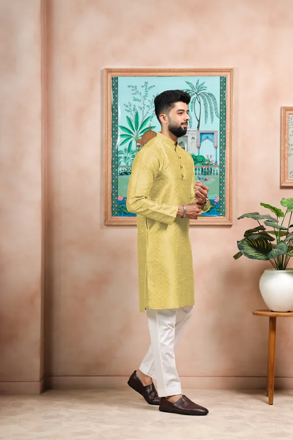 Light_Yellow_Silk_Jacquard_Woven_Texture_Kurta