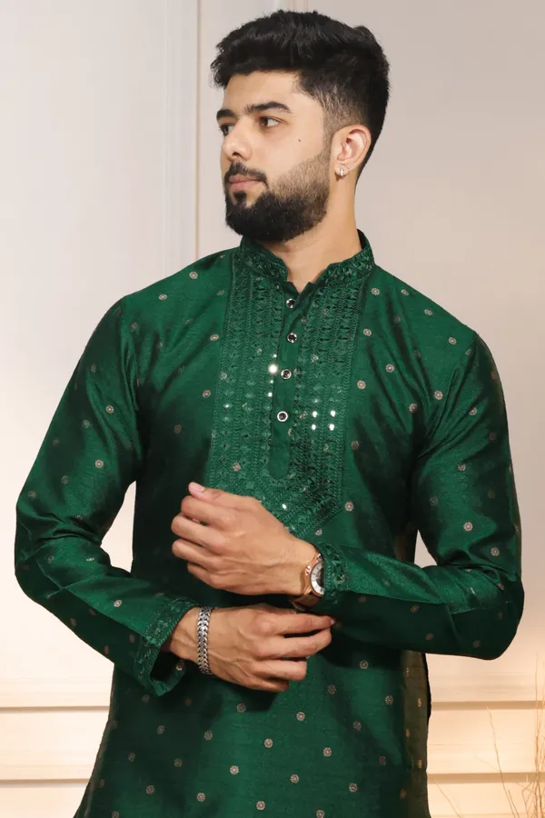 Dark_Green_Silk_Jacquard_Embroidered_Neck_with_Mirror_Work_Kurta