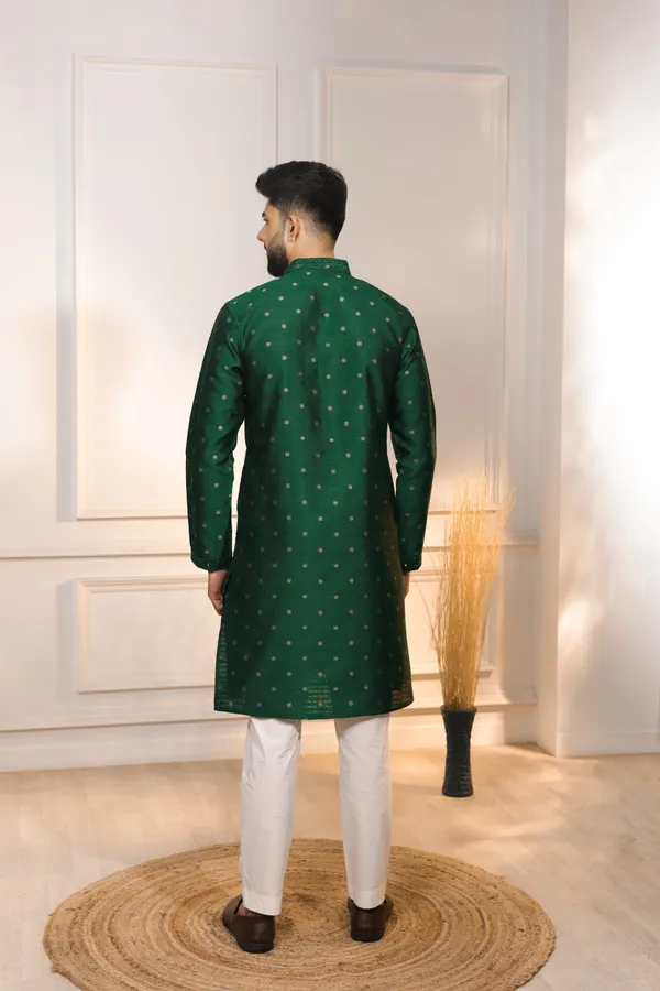 Dark_Green_Silk_Jacquard_Embroidered_Neck_with_Mirror_Work_Kurta