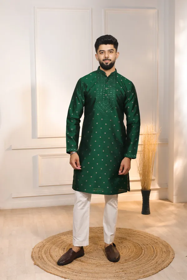 Dark_Green_Silk_Jacquard_Embroidered_Neck_with_Mirror_Work_Kurta