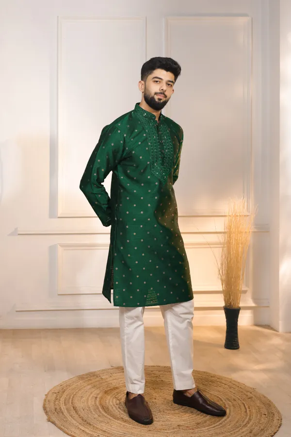 Dark_Green_Silk_Jacquard_Embroidered_Neck_with_Mirror_Work_Kurta