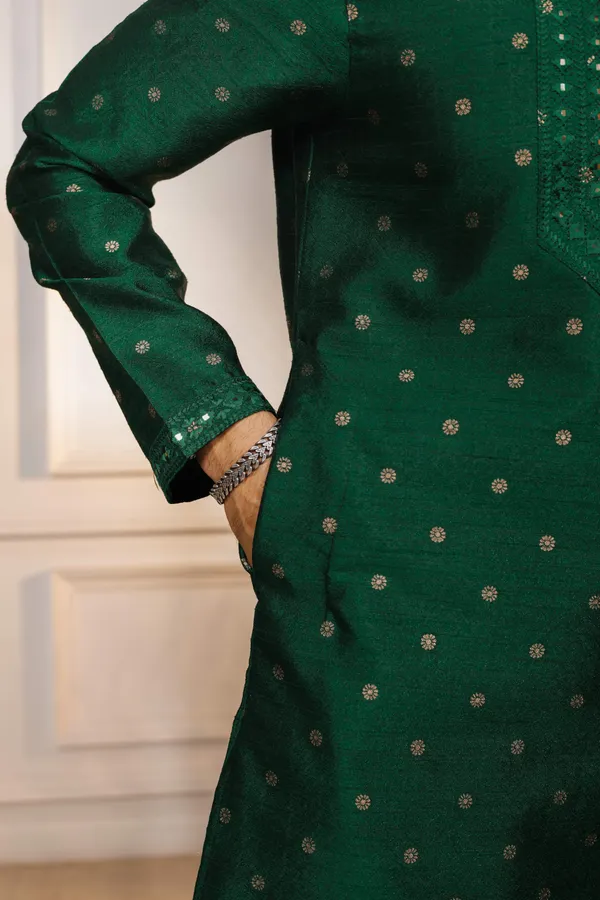Dark_Green_Silk_Jacquard_Embroidered_Neck_with_Mirror_Work_Kurta