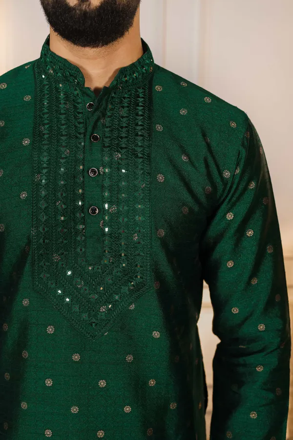 Dark_Green_Silk_Jacquard_Embroidered_Neck_with_Mirror_Work_Kurta