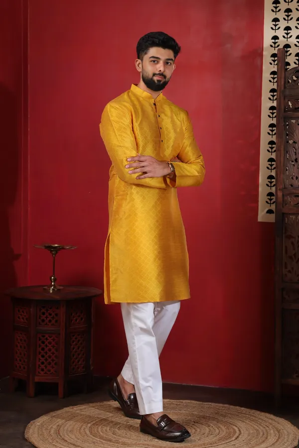 Yellow_Silk_Jacquard_Woven_Texture_Kurta