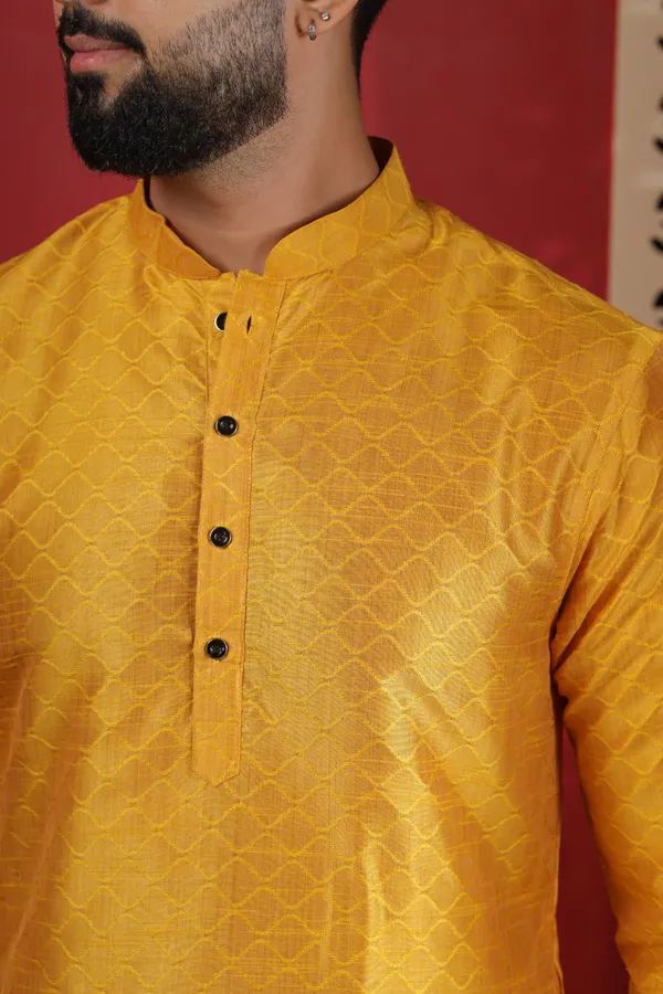 Yellow_Silk_Jacquard_Woven_Texture_Kurta