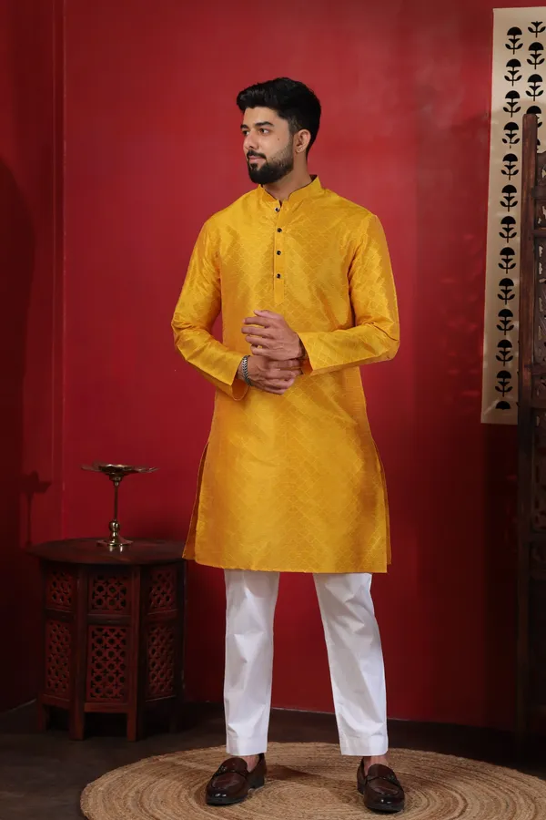 Yellow_Silk_Jacquard_Woven_Texture_Kurta