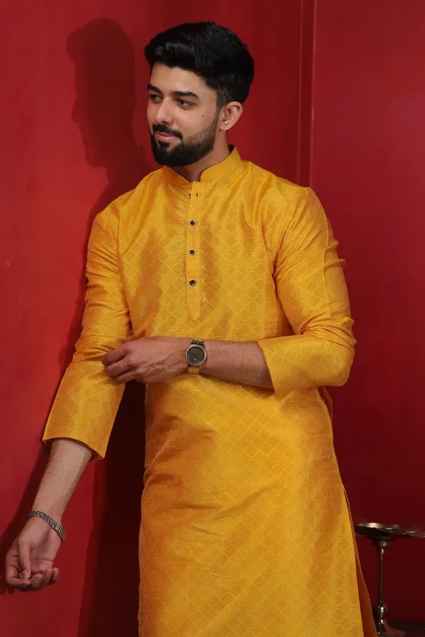 Yellow_Silk_Jacquard_Woven_Texture_Kurta