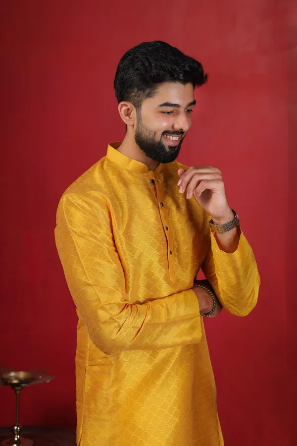 Yellow_Silk_Jacquard_Woven_Texture_Kurta