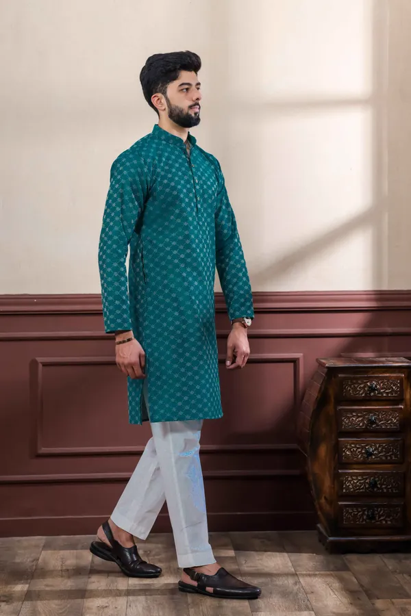 Teal_Cotton_Woven_Texture_Ethnic_Set