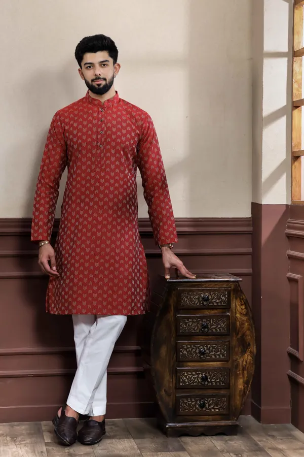 Maroon_Cotton_Woven_Texture_Kurta