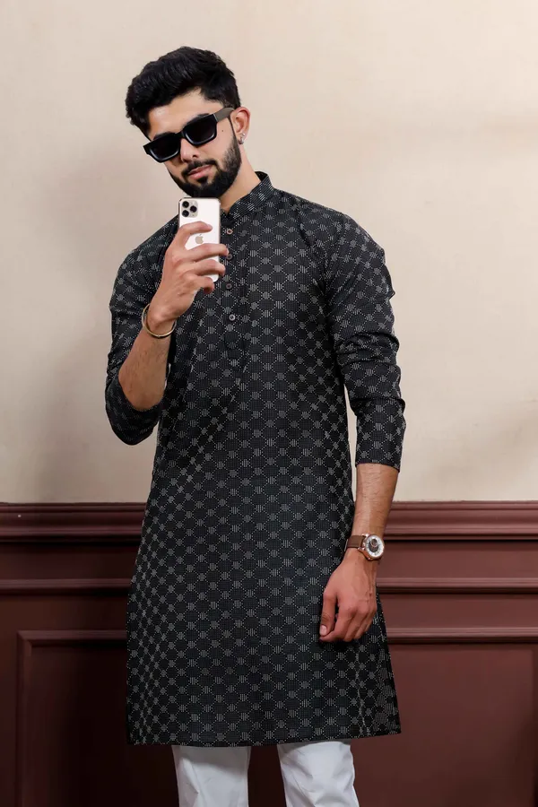 Black_Cotton_Woven_Texture_Kurta