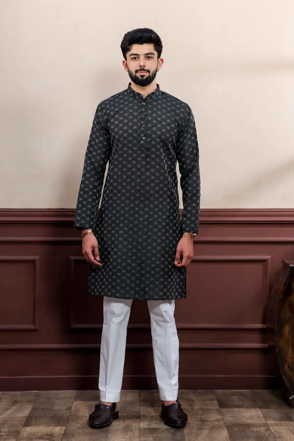 Black_Cotton_Woven_Texture_Kurta