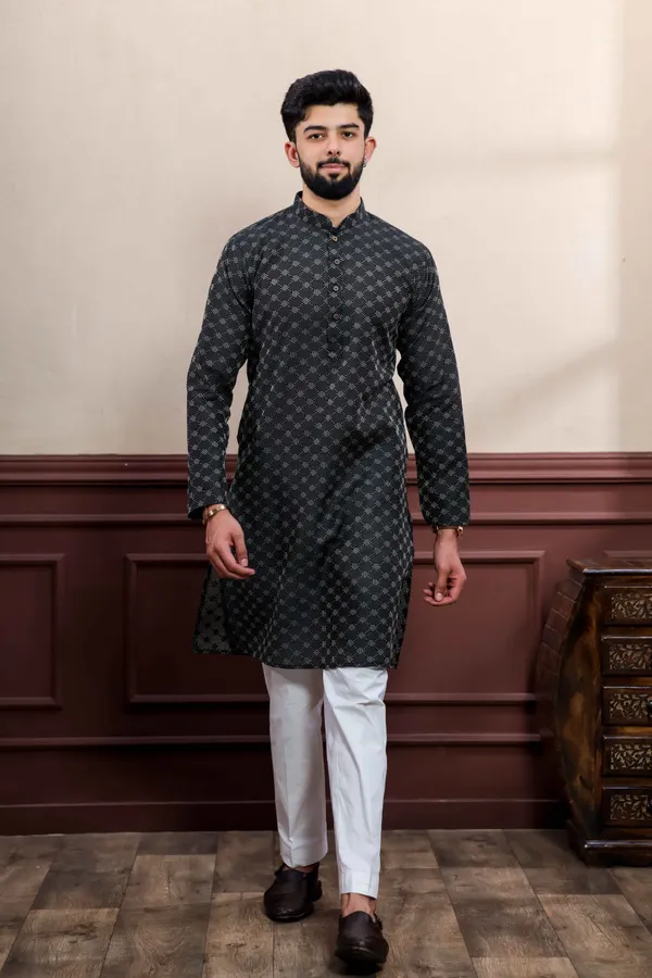 Black_Cotton_Woven_Texture_Kurta