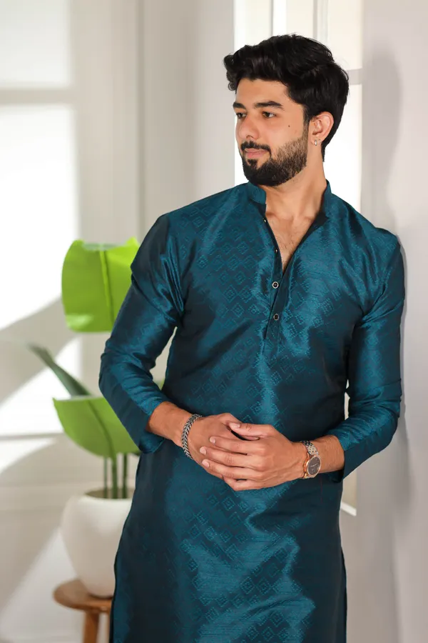 Teal_Silk_Jacquard_Woven_Texture_Ethnic_Set