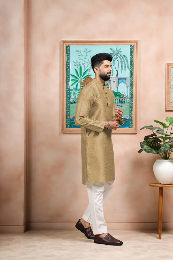 Biege_Silk_Jacquard_Woven_Texture_Kurta