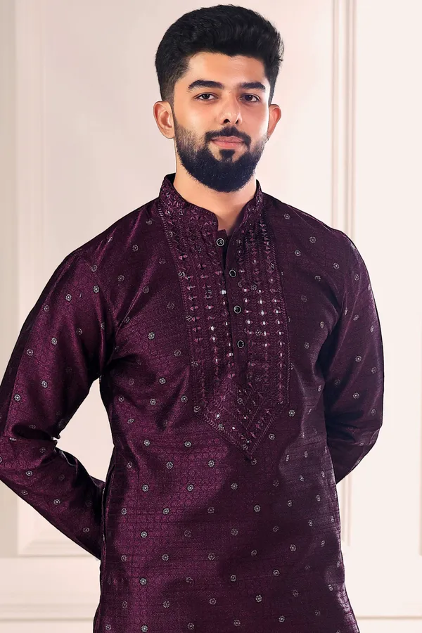 Purple_Silk_Jacquard_Embroidered_Neck_with_Mirror_Work_Kurta