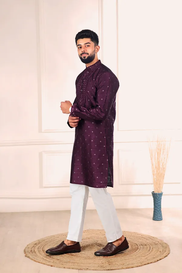 Purple_Silk_Jacquard_Embroidered_Neck_with_Mirror_Work_Kurta