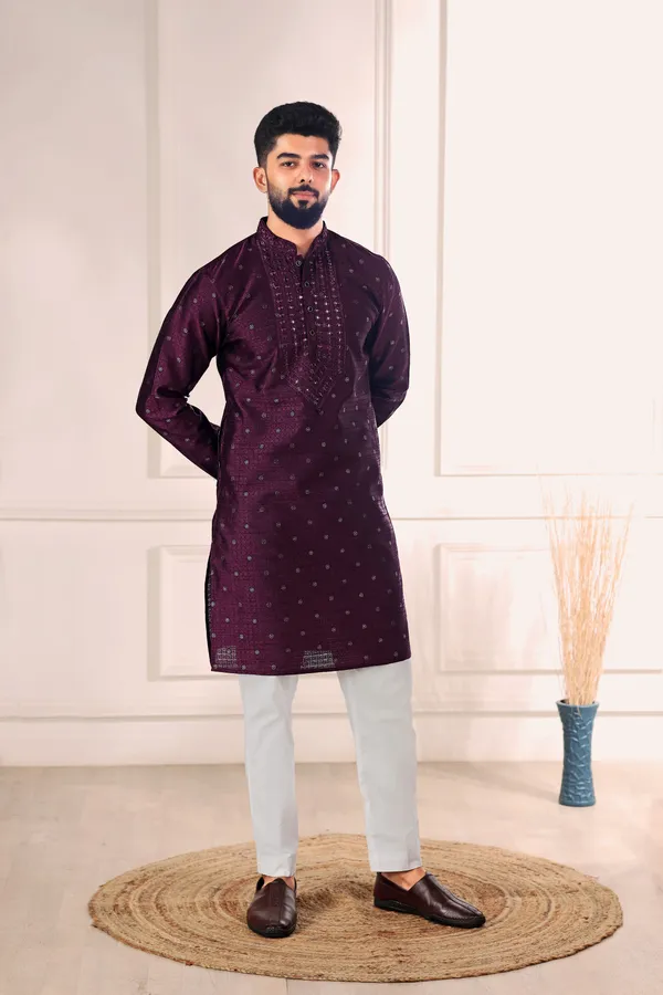 Purple_Silk_Jacquard_Embroidered_Neck_with_Mirror_Work_Kurta