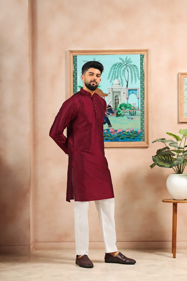 Maroon_Silk_Jacquard_Woven_Texture_Kurta