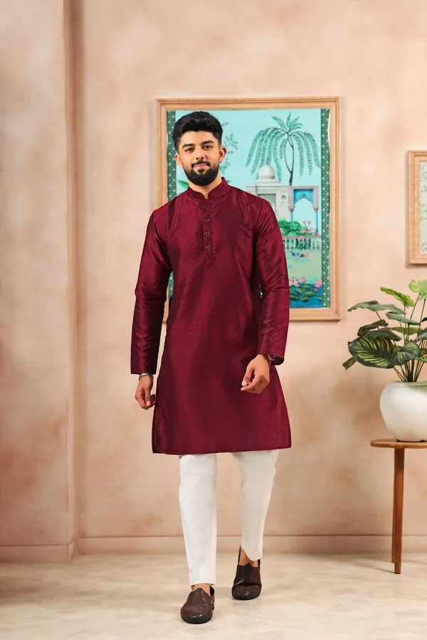 Maroon_Silk_Jacquard_Woven_Texture_Kurta