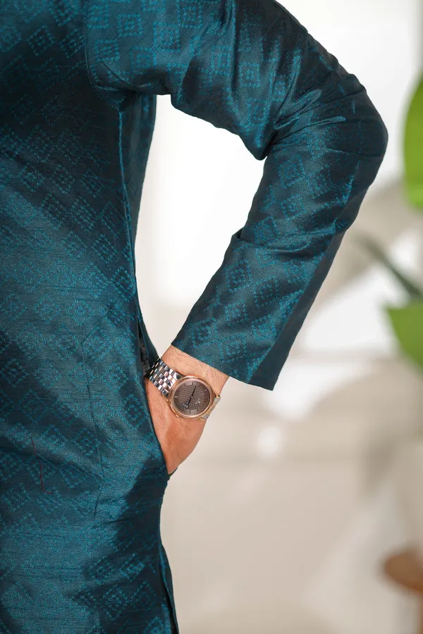 Teal_Silk_Jacquard_Woven_Texture_Kurta