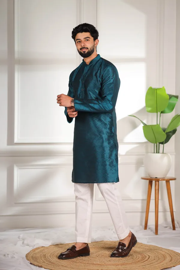 Teal_Silk_Jacquard_Woven_Texture_Kurta