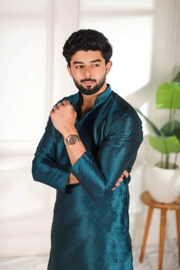 Teal_Silk_Jacquard_Woven_Texture_Kurta