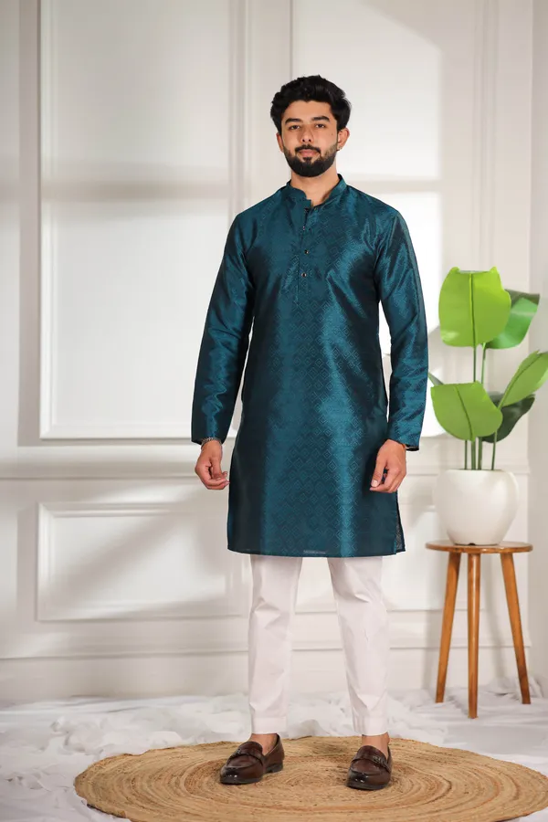 Teal_Silk_Jacquard_Woven_Texture_Kurta
