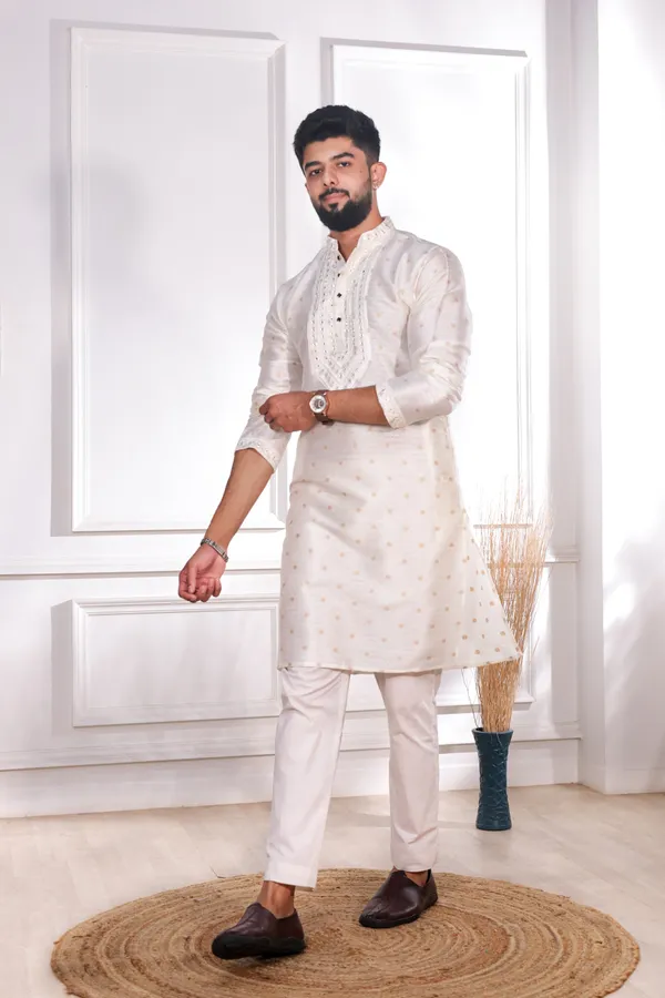 White_Silk_Jacquard_Embroidered_Neck_with_Mirror_Work_Kurta
