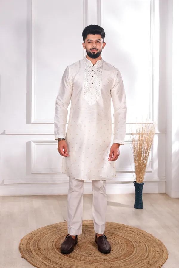 White_Silk_Jacquard_Embroidered_Neck_with_Mirror_Work_Kurta