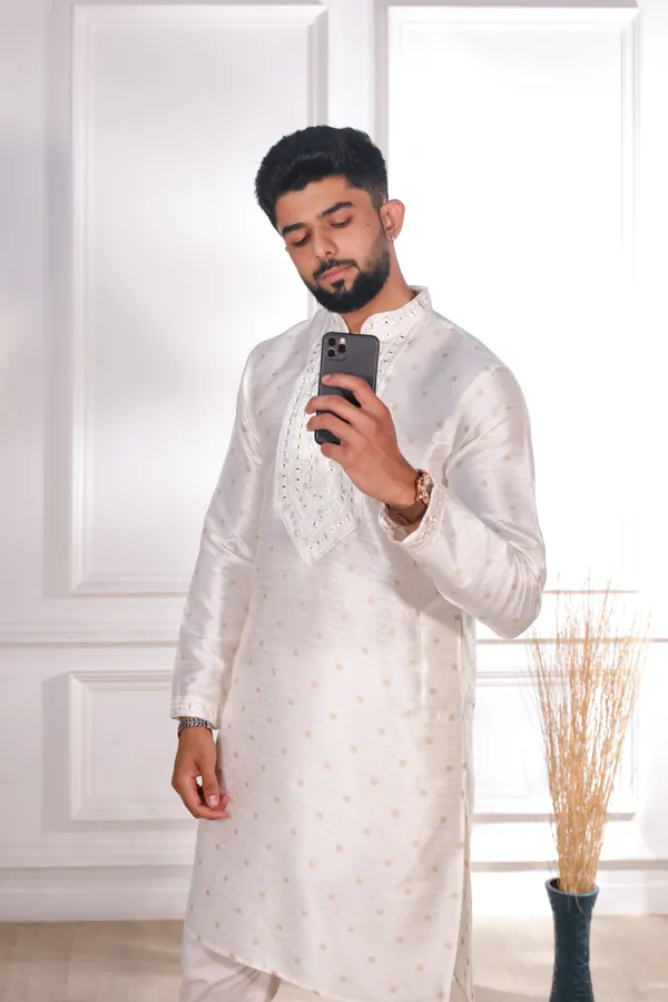 White_Silk_Jacquard_Embroidered_Neck_with_Mirror_Work_Kurta