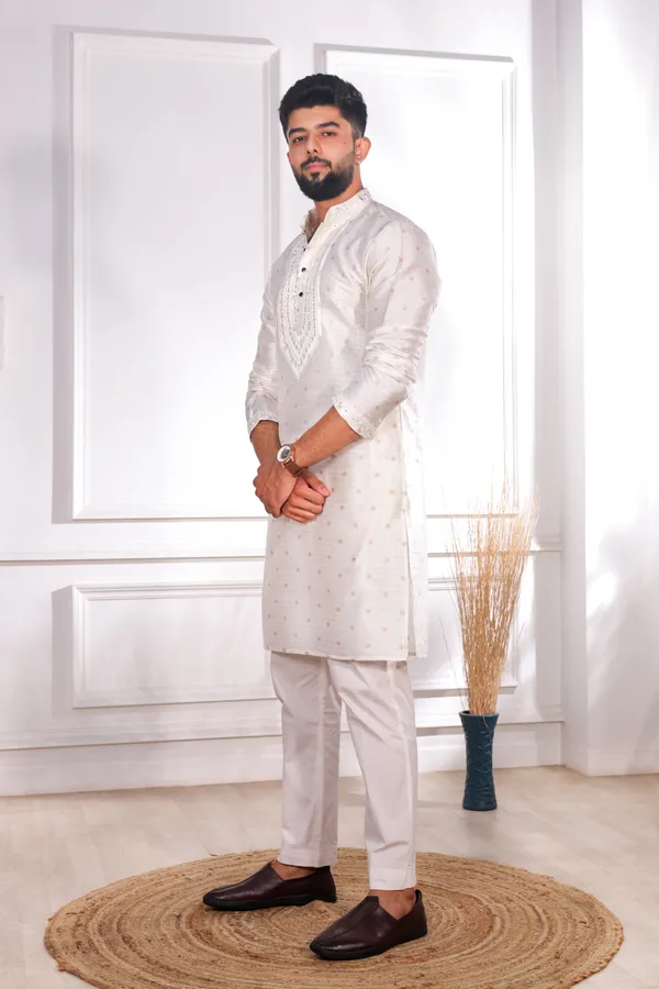 White_Silk_Jacquard_Embroidered_Neck_with_Mirror_Work_Kurta