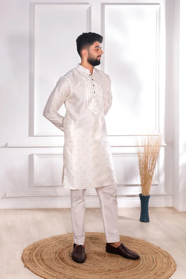 White_Silk_Jacquard_Embroidered_Neck_with_Mirror_Work_Kurta