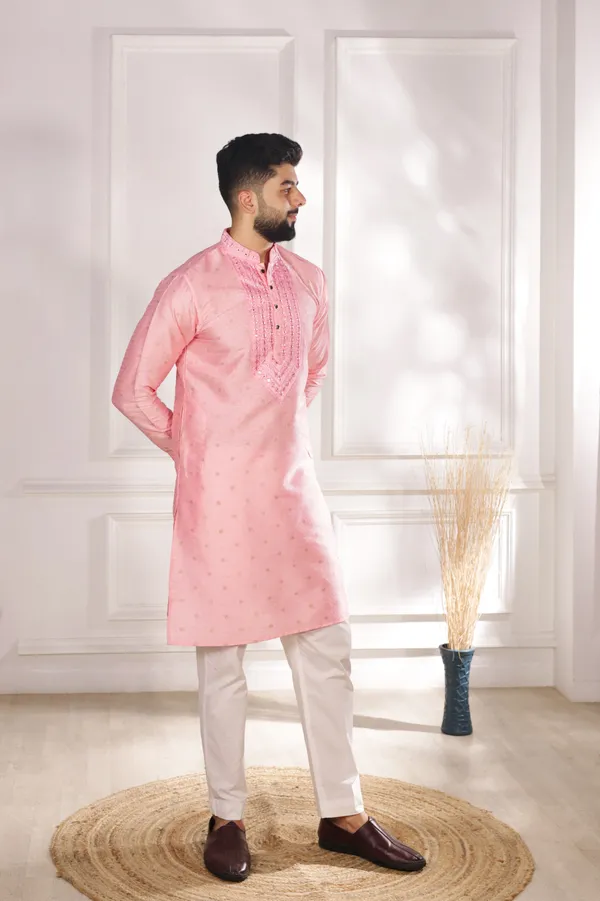 Pink_Silk_Jacquard_Embroidered_Neck_with_Mirror_Work_Kurta