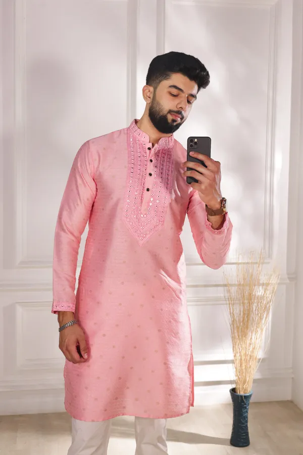 Pink_Silk_Jacquard_Embroidered_Neck_with_Mirror_Work_Kurta