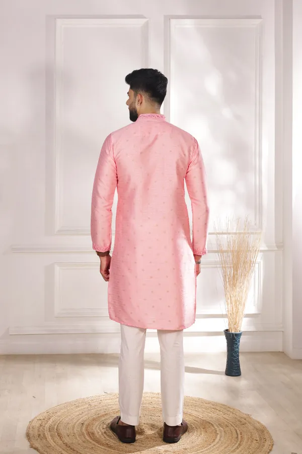 Pink_Silk_Jacquard_Embroidered_Neck_with_Mirror_Work_Kurta