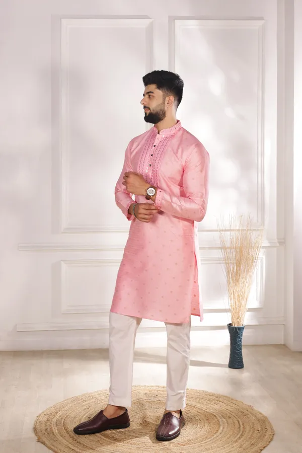 Pink_Silk_Jacquard_Embroidered_Neck_with_Mirror_Work_Kurta