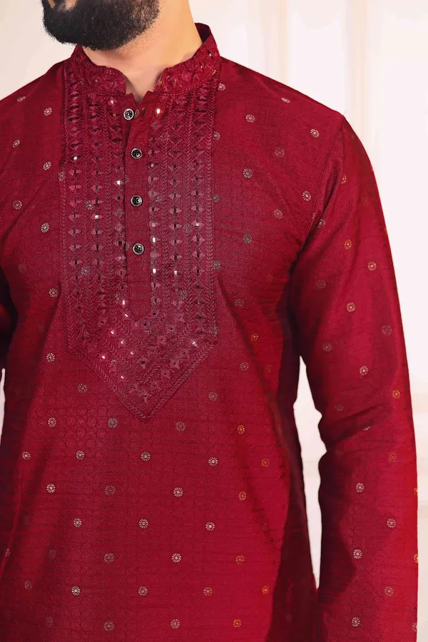 Maroon_Silk_Jacquard_Embroidered_Neck_with_Mirror_Work_Kurta