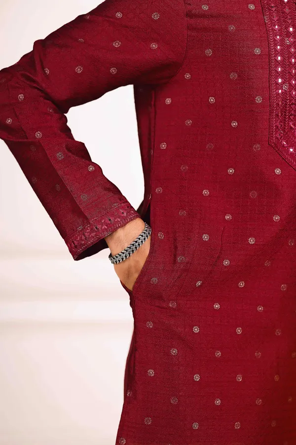 Maroon_Silk_Jacquard_Embroidered_Neck_with_Mirror_Work_Kurta