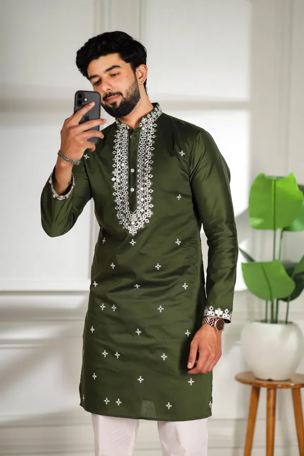 Dark_Green_Cotton_Embroidered_Neck_with_Mirror_Work_Kurta