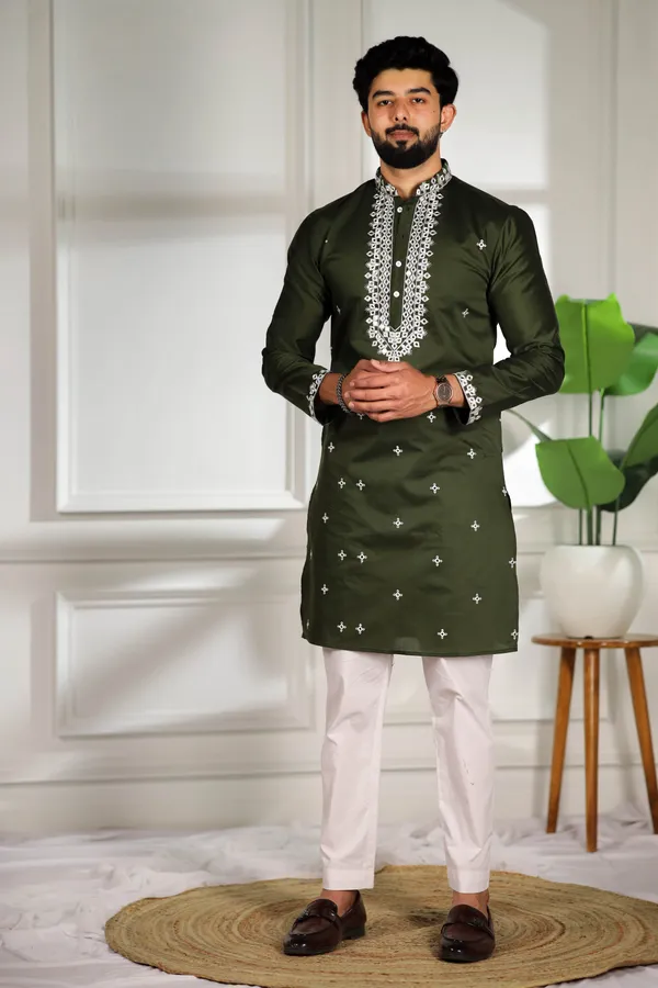 Dark_Green_Cotton_Embroidered_Neck_with_Mirror_Work_Kurta
