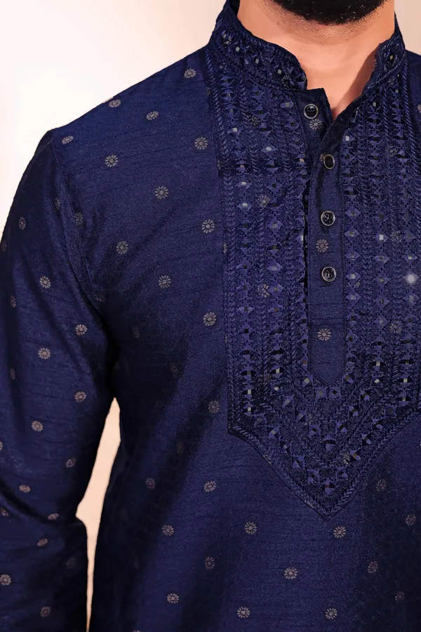 Navy_Silk_Jacquard_Embroidered_Neck_with_Mirror_Work_Kurta