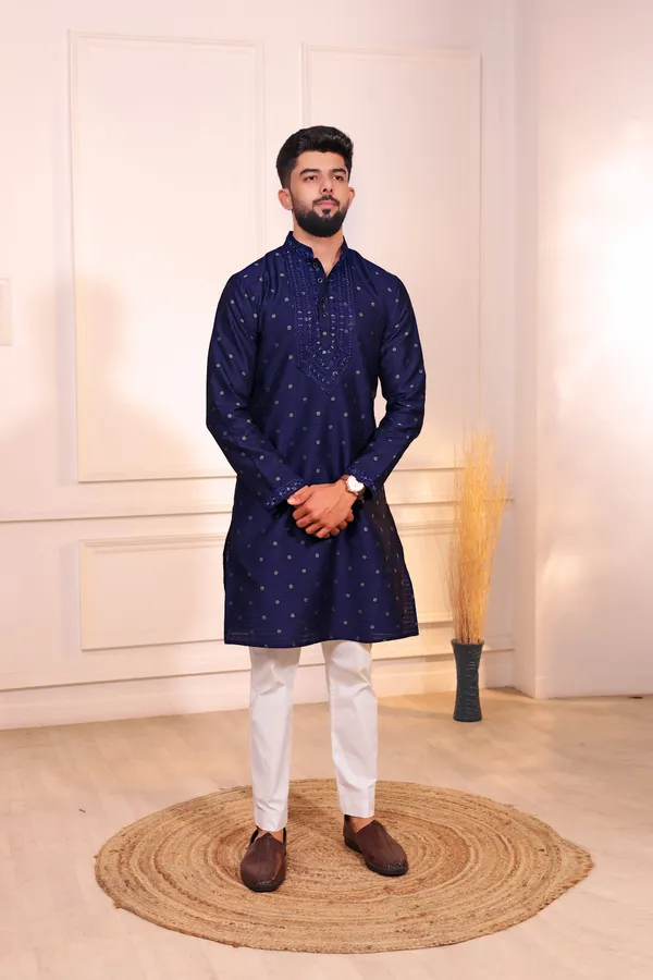 Navy_Silk_Jacquard_Embroidered_Neck_with_Mirror_Work_Kurta