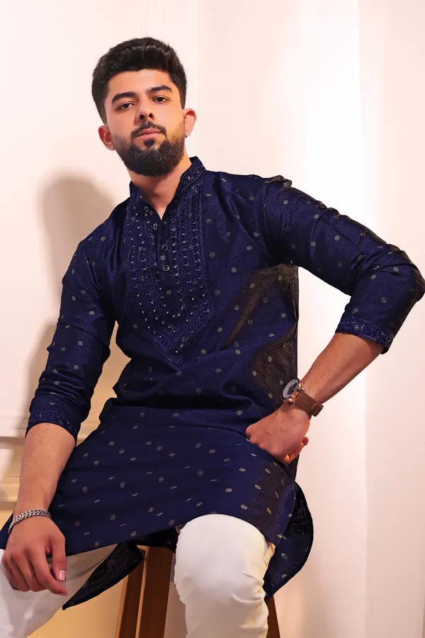 Navy_Silk_Jacquard_Embroidered_Neck_with_Mirror_Work_Kurta
