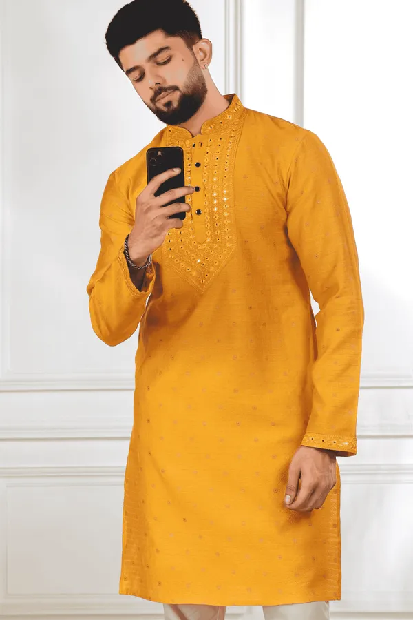 Yellow_Silk_Jacquard_Embroidered_Neck_with_Mirror_Work_Kurta