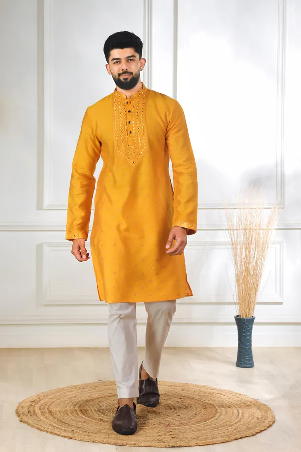 Yellow_Silk_Jacquard_Embroidered_Neck_with_Mirror_Work_Kurta