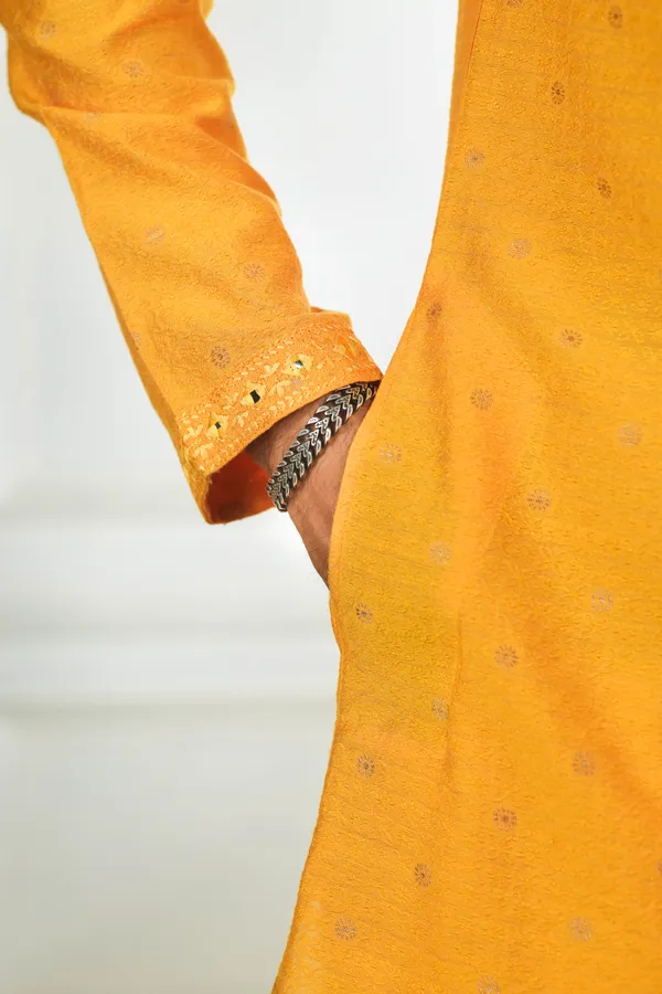 Yellow_Silk_Jacquard_Embroidered_Neck_with_Mirror_Work_Kurta