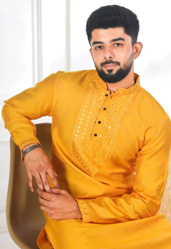 Yellow_Silk_Jacquard_Embroidered_Neck_with_Mirror_Work_Kurta